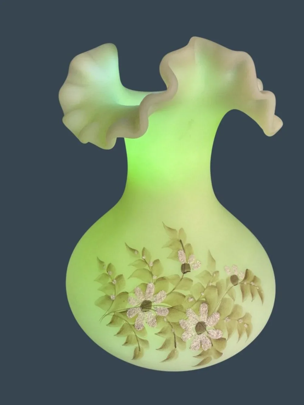 Vintage Fenton Custard Satin Uranium Glass Hand Painted Vase Alexis J Knopp UV